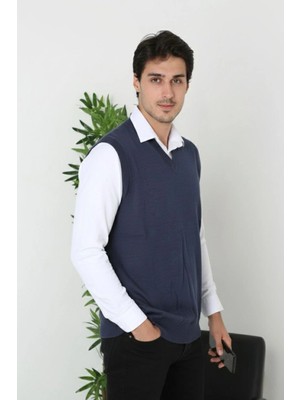 Velmora Fashion V Yaka Kolsuz Süveter Triko Kazak Yumuşak Dokulu Pamuklu Ince Dokuma Rahat Regular Kalıp - Lacivert