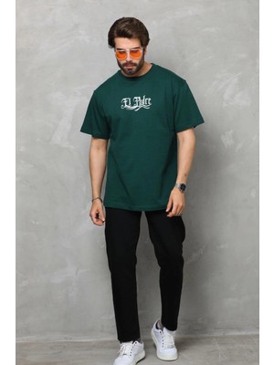 Velmora Fashion Bisiklet Yaka Baskılı Oversize T-Shirt - Yeşil -