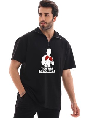 Velmora Fashion Yarım Fermuarlı Oversize Baskılı T-Shirt - Siyah -