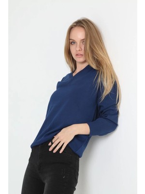 Velmora Fashion Uzun Kol V Yaka Triko Kazak - Indigo