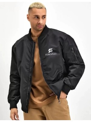 Velmora Fashion Siyah Bomber Mont - Fergolli Logo Baskılı -