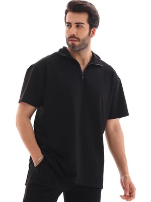 Velmora Fashion Yarım Fermuarlı Düz Oversize T-Shirt - Siyah -