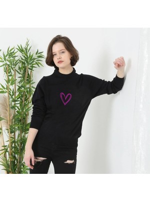 Velmora Fashion Baskılı Uzun Kol Bisiklet Yaka Dokuma Triko - Siyah -