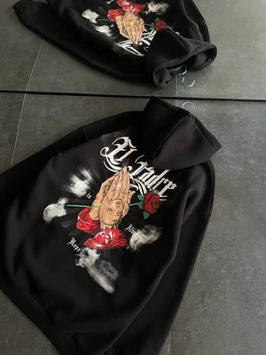 Velmora Fashion Üç Iplik Penye Uzun Kol Kapşonlu Baskılı Sweatshirt - Siyah -