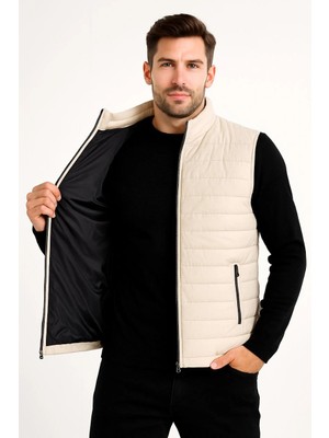 Velmora Fashion Şişme Fermuarlı Yelek Su Itici Kapitone Astarlı Kumaş Cepli Hafif Kışlık Spor Rahat Kalıp -Bej