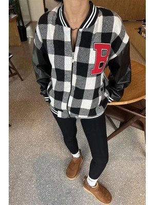 Velmora Fashion Pötikare Desen Harf Nakışlı Kolej Ceket - Siyah