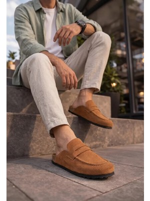 Mevese Nyar Bağcıksız Hakiki Süet Deri Erkek Günlük Mantar Taban Loafer Klasik Ayakkabı DMT - Taba