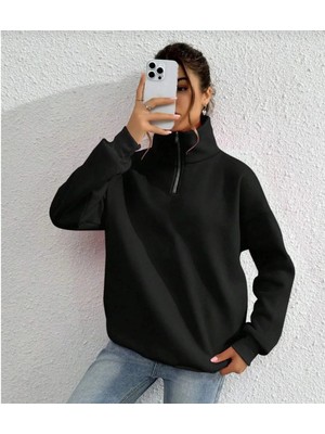 Velmora Fashion Uzun Kol Yarım Farmuarlı Yakalı Basic Sweatshirt - Siyah -