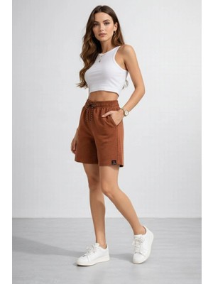 Velmora Fashion Kadın Otoban Dokuma Kumaş Beli Lastikli, Cepli, Yazlık Şort - Kahverengi