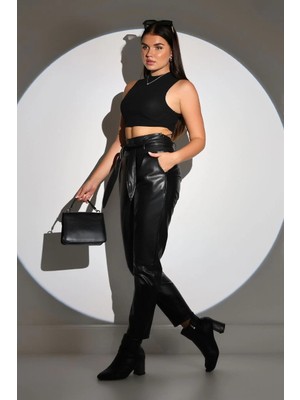 Velmora Fashion Kadın Tam Kalıp Süni Deri Pantolon - Siyah