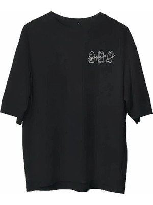 Velmora Fashion Bisiklet Yaka Baskılı Oversize T-Shirt - Siyah -
