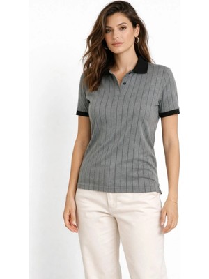 Velmora Fashion Kadın Polo Yaka Çizgili Tişört Kısa Kol Düğmeli Yazlık T-Shirt - Gri