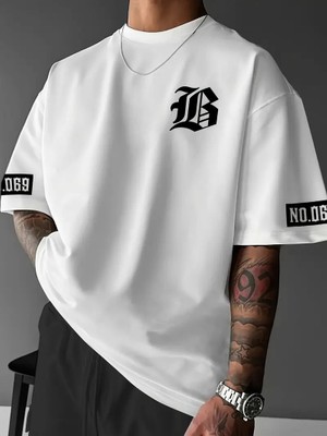 Velmora Fashion Lb Baskılı Ön Arka Oversize Bisiklet Yaka Kısa Kol T-Shirt - Beyaz -