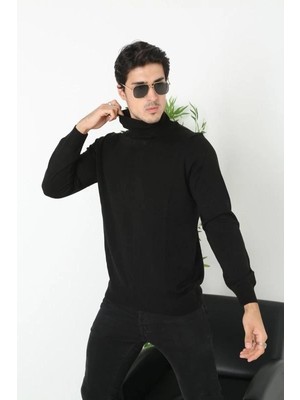 Velmora Fashion Erkek Tam Boğazlı Balıkçı Yaka Kazak Uzun Kol Düz Dokuma Triko - Siyah