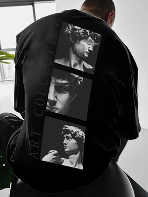 Velmora Fashion Benzersiz Sırt Baskılı   Sokak Stili Bol Tişört -Siyah -