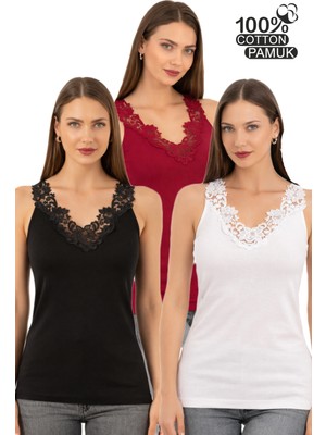 Özkan Underwear Özkan 2001 3'lü Paket Kadın %100 Pamuklu Ribana Siyah Beyaz Bordo Dantelli Güpürlü Manolya Atlet