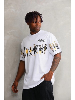 Velmora Fashion Bisiklet Yaka Baskılı Oversize T-Shirt - Beyaz -