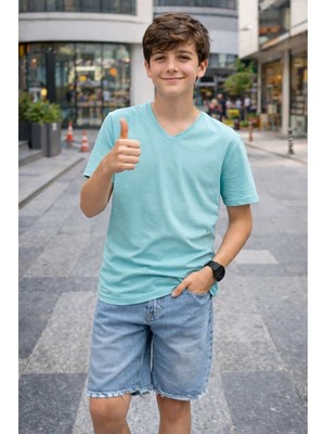 Velmora Fashion Genç Erkek Çocuk V Yaka Tişört Model - Turkuvaz