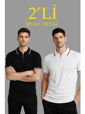 Velmora Fashion Erkek Triko Tişört Fermuarlı Polo Yaka Yazlık Kısa Kol T-Shirt 2 Li Set Beyaz-Siyah