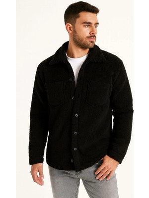 Velmora Fashion Pelüş Polar Hırka Gömlek - Siyah -