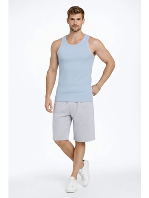 Velmora Fashion Erkek Fitilli Atlet Sıfır Yaka Slim Fit Arka Baskılı Spor Atlet - Bebek Mavisi
