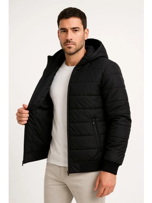 Velmora Fashion Şişme Kapüşonlu Fermuarlı Mont Su Itici Kapitone Astarlı Kumaş Cepli Kışlık Rahat Kalıp - Siyah