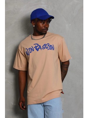 Velmora Fashion Oversize Baskılı Bisiklet Yaka T-Shirt - Bej -