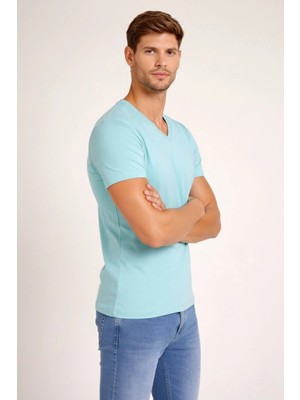 Velmora Fashion Erkek Body T-Shirt V Yaka Slim Fit Likralı Kısa Kol Tişört - Turkuvaz