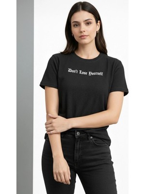 Velmora Fashion Kadın Wafıl Kumaş Tişört Regular Kalıp Bisiklet Yaka Baskılı T-Shirt - Siyah