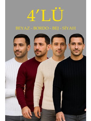 Velmora Fashion Fitilli Triko Kazak 4 Lü Set - Beyaz, Bordo, Gri, Siyah | Kalın Dokuma Pamuklu Regular Fit Bisiklet Yaka Uzun Kollu Kışlık ve Baharlık Rahat Triko Kombini