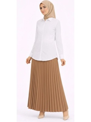 Velmora Fashion Tesettür Beyaz Gömlekli Pliseli Etek Ikili Takım Gündelik ve Ofis Şıklığı - Kahverengi