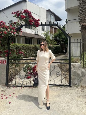 Velmora Fashion Kısa Kollu Uzun Yandan Yırtmaçlı Elbise - Bej -