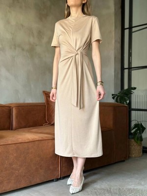 Velmora Fashion Osy Modal Yumuşak Dokulu Kumaş Yandan Bağlamalı Elbise - Bej -