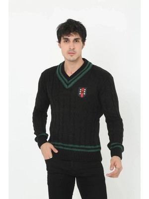 Velmora Fashion V Yaka Örgülü Kazak - Siyah -
