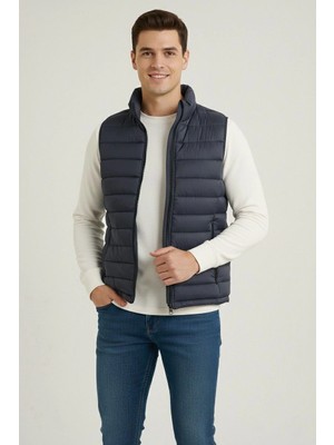 Velmora Fashion Erkek Şişme Fermuarlı Su Itici Kapitone Astarlı, Cepli Yelek - Lacivert