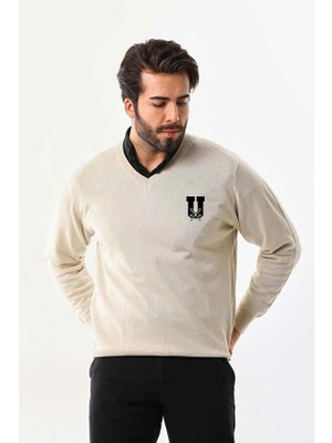 Velmora Fashion Baskılı V Yaka Uzun Kol Dokuma Triko - Bej -