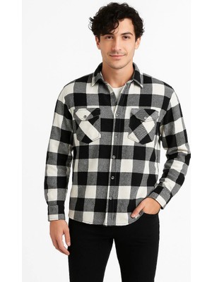 Velmora Fashion Oduncu Gömlek - Uzun Kollu, Şardonlu Kumaş, Kareli Desen, Regular Fit, Manşetli, Çift Cepli, Rahat Günlük Bahar  Kış Stil - Siyah