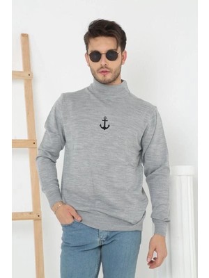 Velmora Fashion Yarım Boğazlı Baskılı Dokuma Triko - Gri