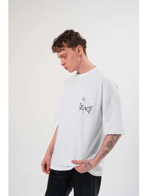 Velmora Fashion Bisiklet Yaka Baskılı Oversize T-Shirt - Beyaz -
