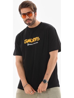 Velmora Fashion Bisiklet Yaka Baskılı Oversize T-Shirt - Siyah -