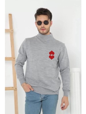 Velmora Fashion Yarım Boğazlı Baskılı Dokuma Triko - Gri