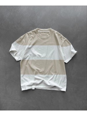 Velmora Fashion Bisiklet Yaka Parçalı T-Shirt - Bej -