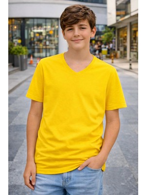 Velmora Fashion Genç Erkek Çocuk V Yaka Tişört Model - Sarı