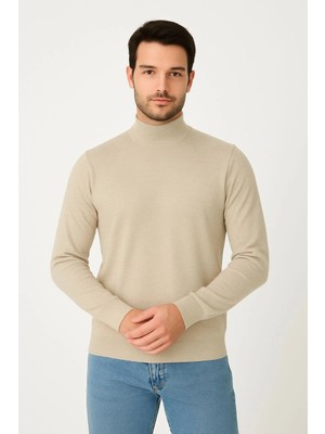 Velmora Fashion Yarım Boğaz Triko Kazak-Hat Regular Kalıp - Bej
