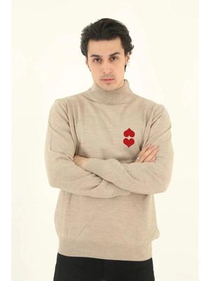 Velmora Fashion Yarım Boğazlı Baskılı Dokuma Triko - Bej -