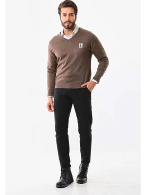 Velmora Fashion Baskılı V Yaka Uzun Kol Dokuma Triko - Kahve -