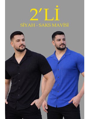 Velmora Fashion Erkek Waffle Kumaş Açık Yakalı Düğmeli Regular Fit Gömlek 2 Li Set Siyah-Saks Mavisi