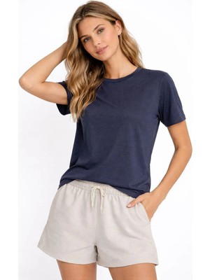 Velmora Fashion Osy Modal Kadın Bisiklet Yaka T-Shirt - Indigo