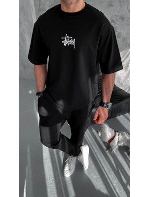 Velmora Fashion Bisiklet Yaka Baskılı Oversize T-Shirt - Siyah -