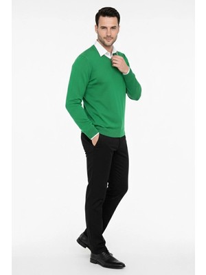 Velmora Fashion V Yaka Triko Kazak Yumuşak Dokulu Pamuklu Ince Dokuma, Uzun Kollu Rahat Regular Kalıp - Çimen Yeşili